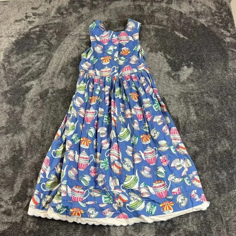 Vtg Cary San Francisco Sleeveless Tea Cup Print Dress Girls 7 Blue Buttons